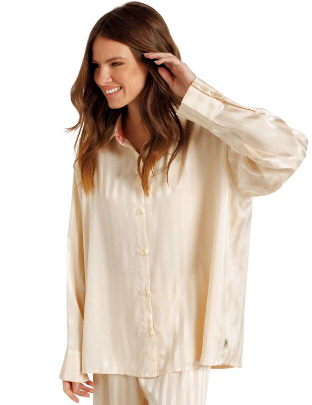 Chelsea Peers Satin Bridal Stripe Button Up Long Pyjama Set Cream 