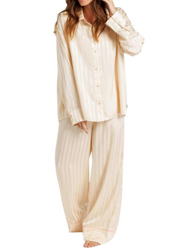 Chelsea Peers Satin Bridal Stripe Button Up Long Pyjama Set Cream 