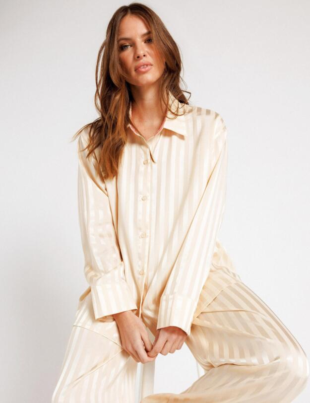 Chelsea Peers Satin Bridal Stripe Button Up Long Pyjama Set Cream 