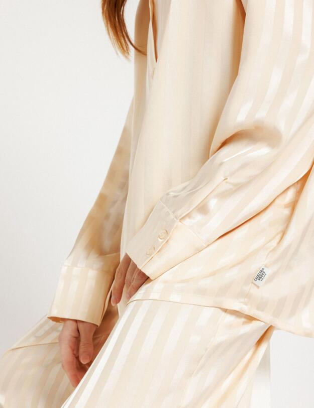 Chelsea Peers Satin Bridal Stripe Button Up Long Pyjama Set Cream 
