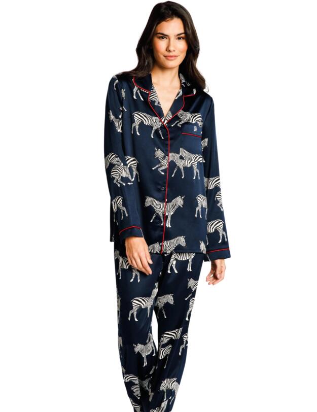 Chelsea Peers Satin Zebra Button Up Pyjama Set Navy 