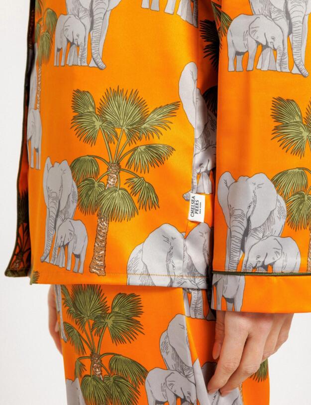 Chelsea Peers Satin Elephant Print Long Pyjama Set Orange 