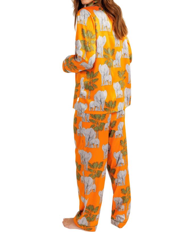 Chelsea Peers Satin Elephant Print Long Pyjama Set Orange 