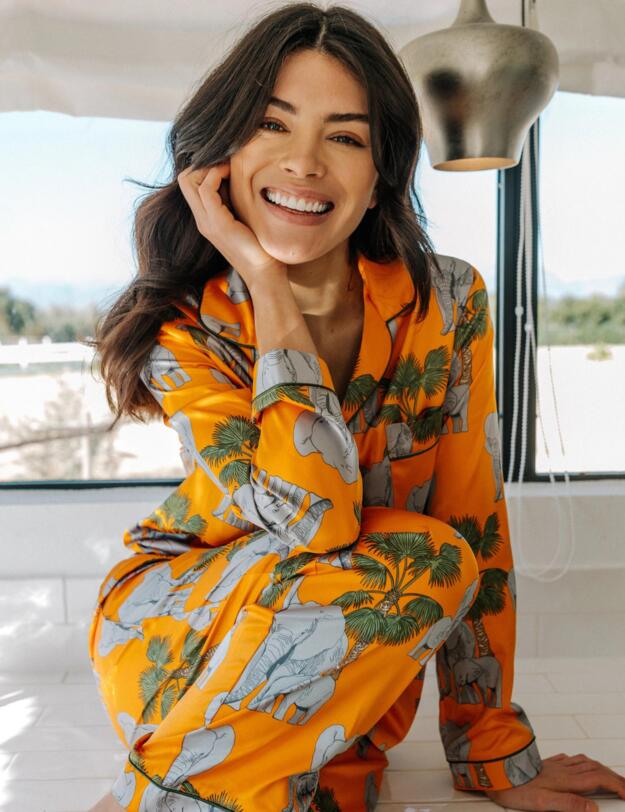 Chelsea Peers Satin Elephant Print Long Pyjama Set Orange 