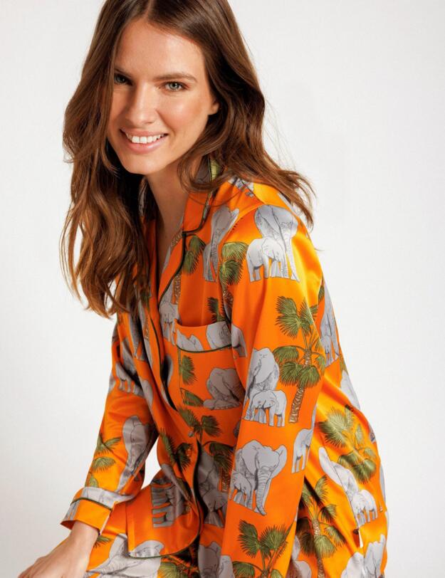 Chelsea Peers Satin Elephant Print Long Pyjama Set Orange 