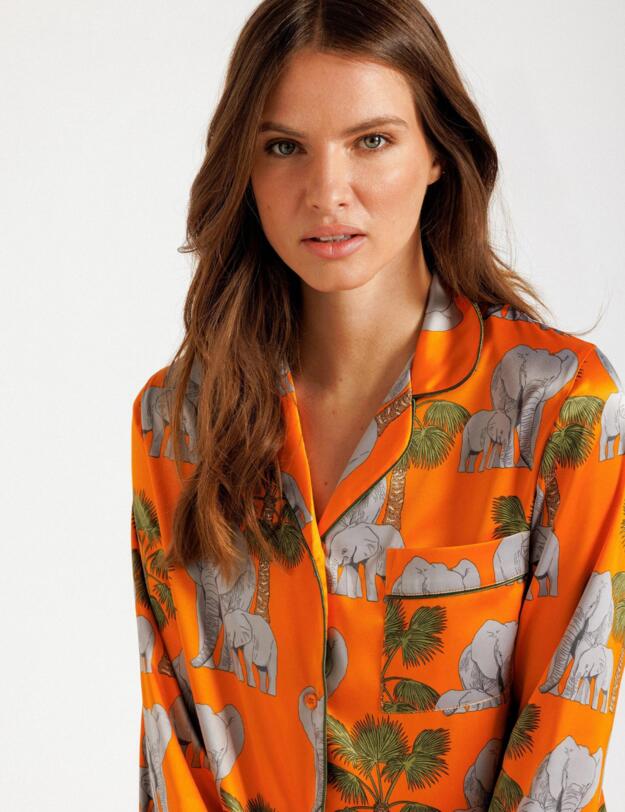Chelsea Peers Satin Elephant Print Long Pyjama Set Orange 