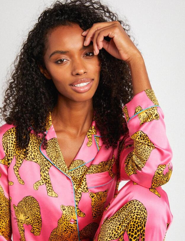 Chelsea Peers Satin Leopard Button Up Pyjama Set Pink 