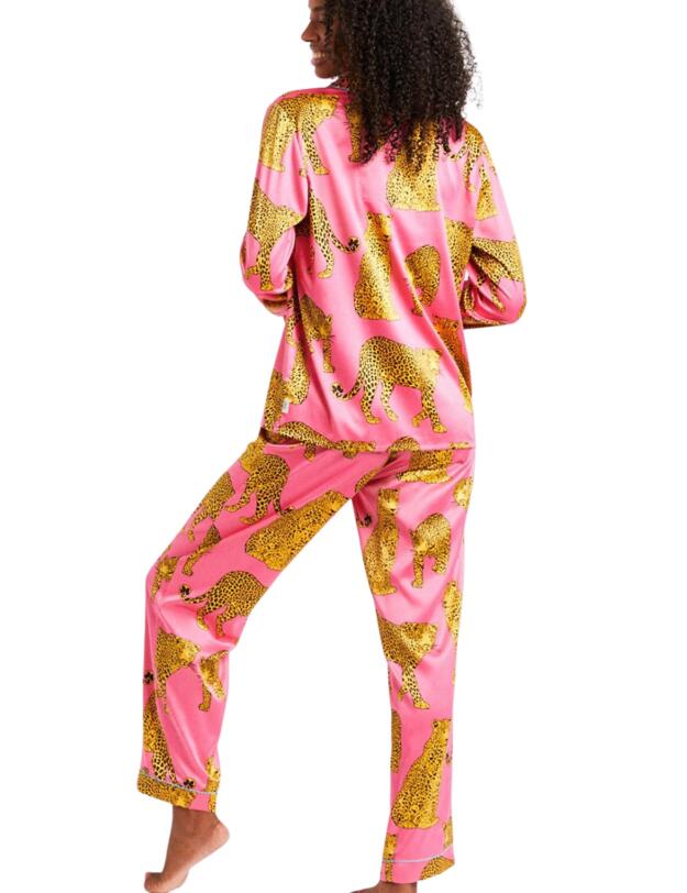 Chelsea Peers Satin Leopard Button Up Pyjama Set Pink 