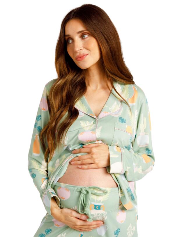 Chelsea Peers Maternity Nature Print Button Up Long Pyjama Set Green 