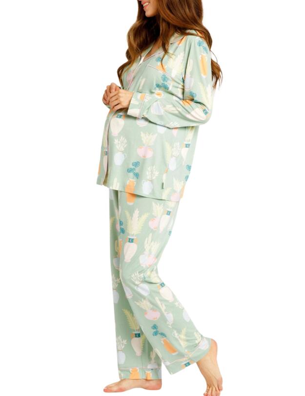 Chelsea Peers Maternity Nature Print Button Up Long Pyjama Set Green 