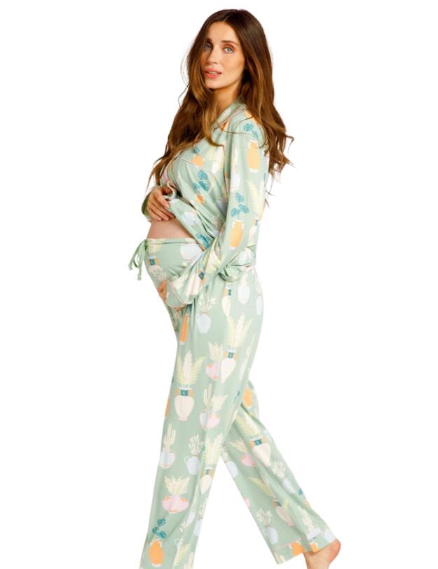 Chelsea Peers Maternity Nature Print Button Up Long Pyjama Set Green 