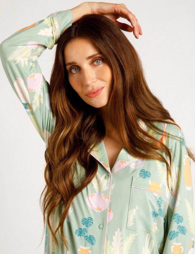 Chelsea Peers Maternity Nature Print Button Up Long Pyjama Set Green 