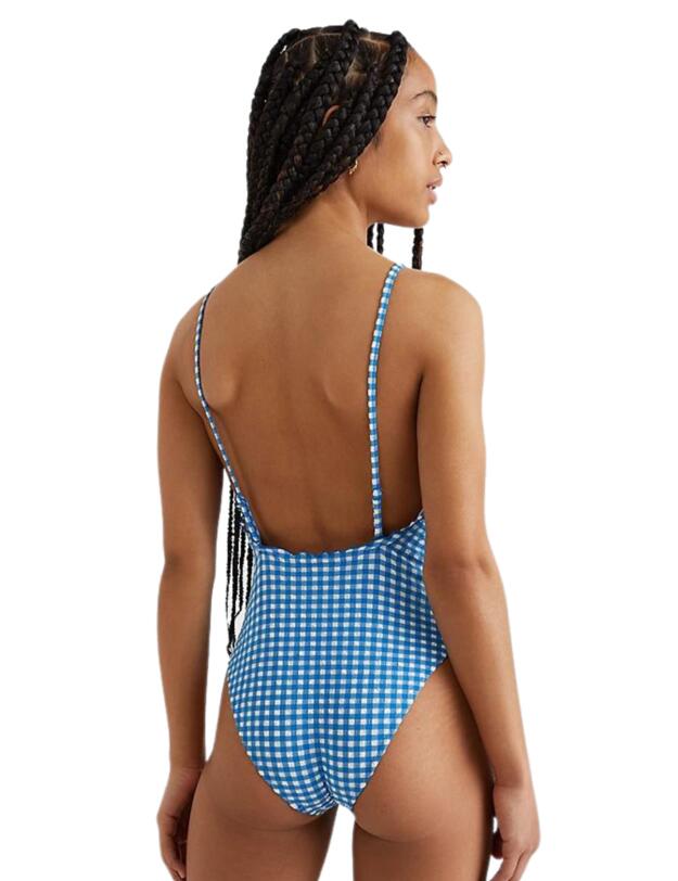 Tommy Hilfiger Tommy Gingham Plunge One Piece Swimsuit Island Blue and White Gingham