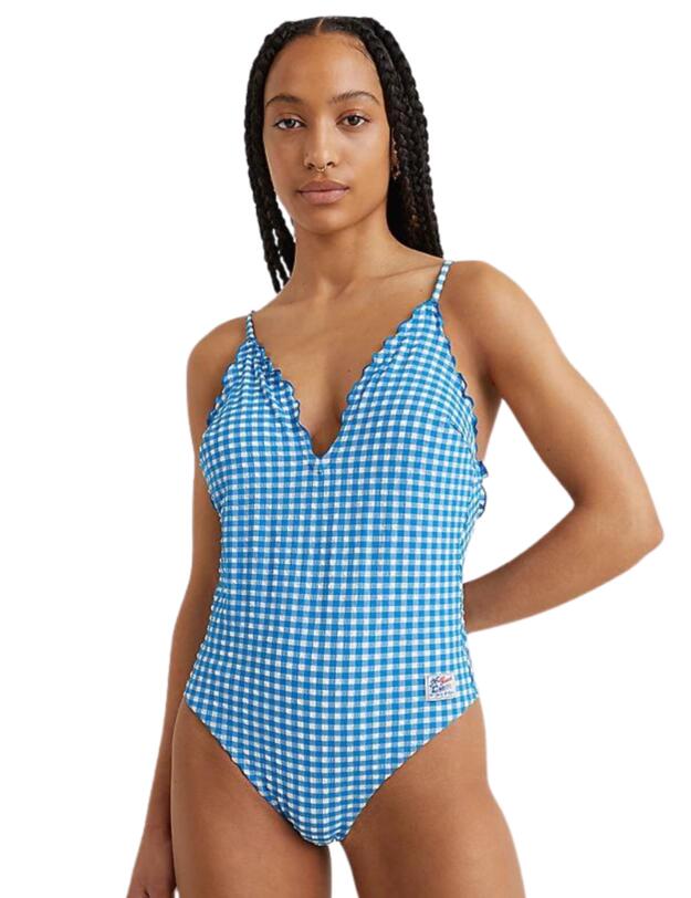 Tommy Hilfiger Tommy Gingham Plunge One Piece Swimsuit Island Blue and White Gingham