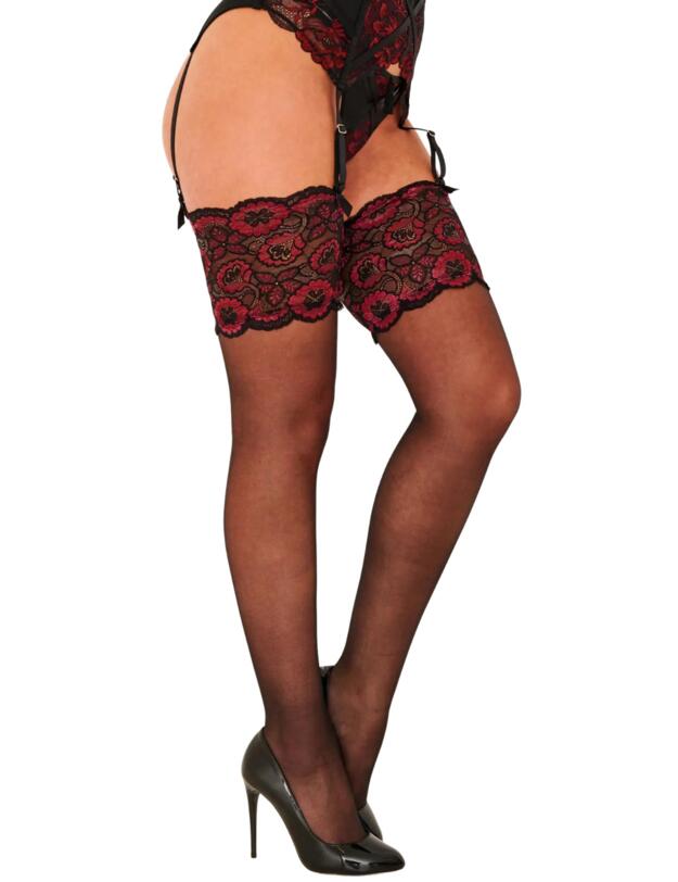 Pour Moi After Hours Lace Top Denier 15 Hold Up Stockings Black/Red