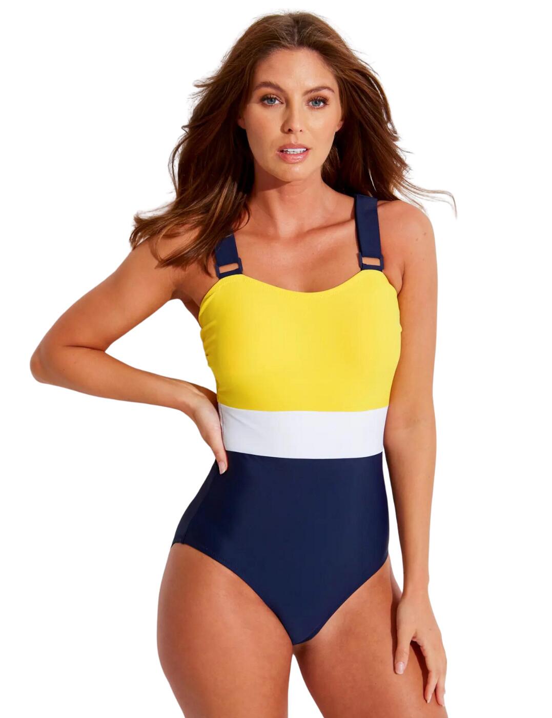 Pour Moi Colour Block Control Swimsuit Yellow/Navy/White