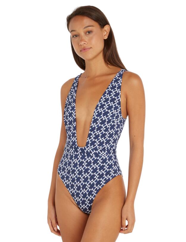 Tommy Hilfiger Monogram Plunge Swimsuit Navy White