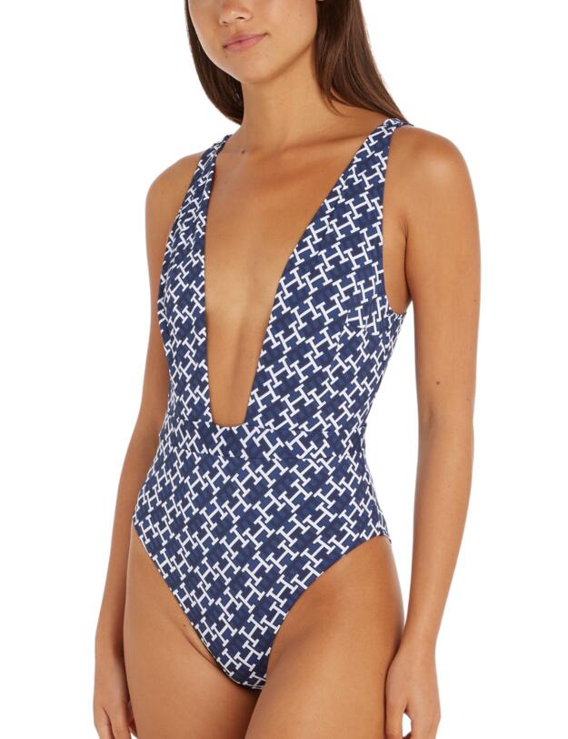 Tommy Hilfiger Monogram Plunge Swimsuit Navy White