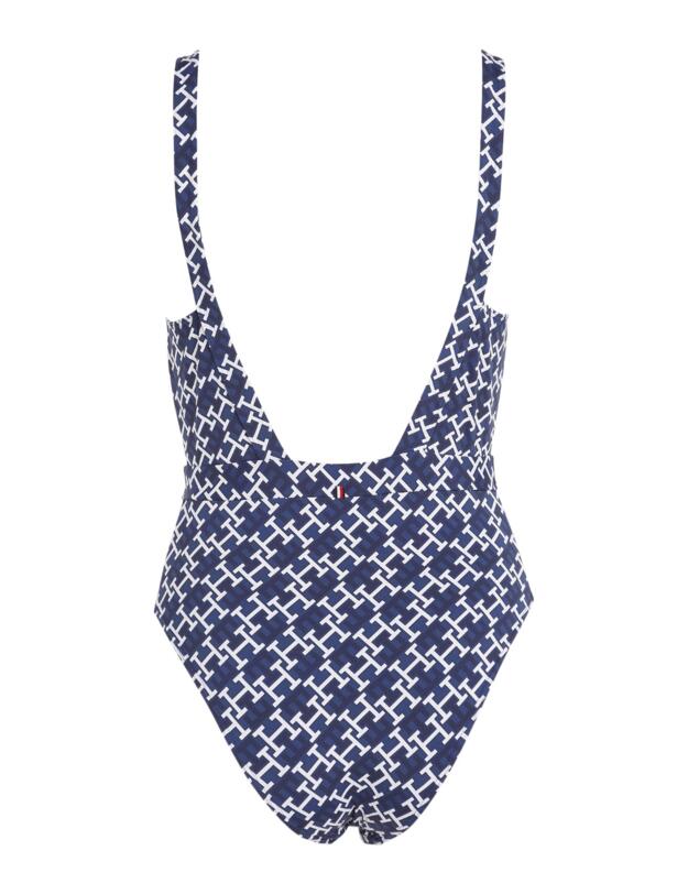 Tommy Hilfiger Monogram Plunge Swimsuit Navy White