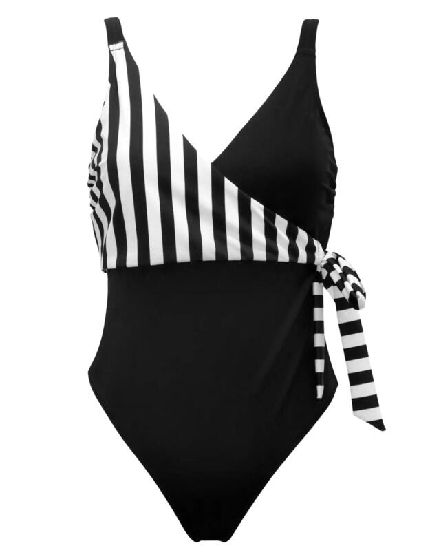 Pour Moi Wrap Over Tie Tummy Control Swimsuit Black/White