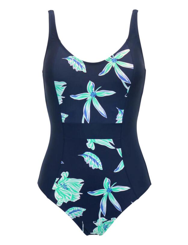 Pour Moi Control Swimsuits Scoop Neck Panelled Tummy Control Swimsuit Navy Floral