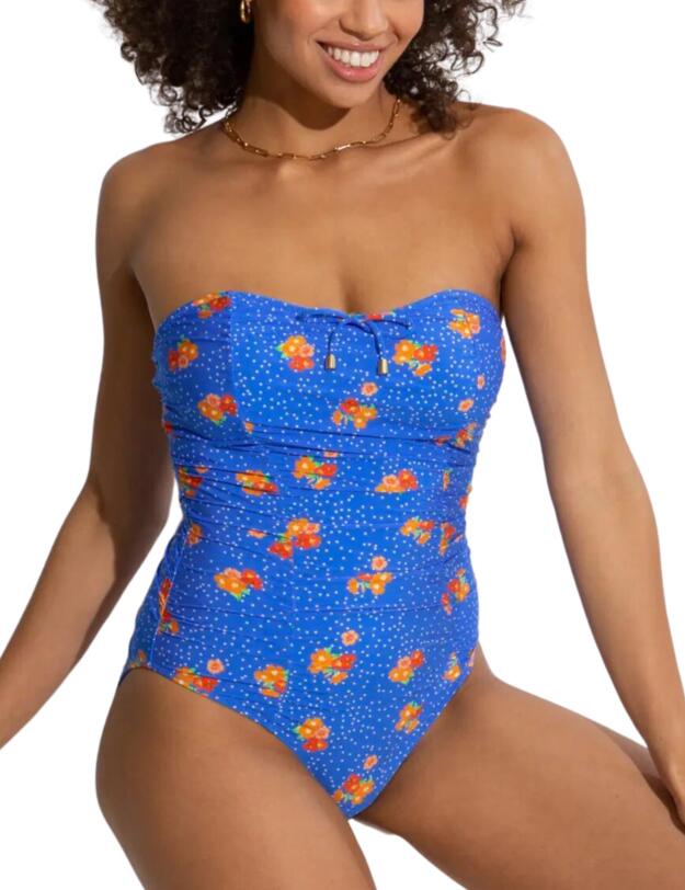 Pour Moi Santa Cruz Strapless Swimsuit Blue Floral