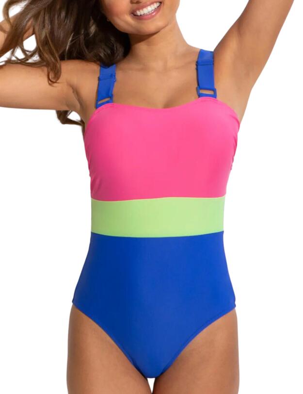 Pour Moi Palm Springs Colour Block Tummy Control Swimsuit Ultramarine/Pink/Citrus