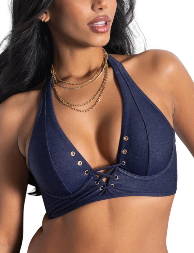 Pour Moi Adelaide Denim Underwired Lace Up Longline Bikini Top Blue 
