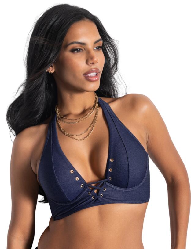 Pour Moi Adelaide Denim Underwired Lace Up Longline Bikini Top Blue 