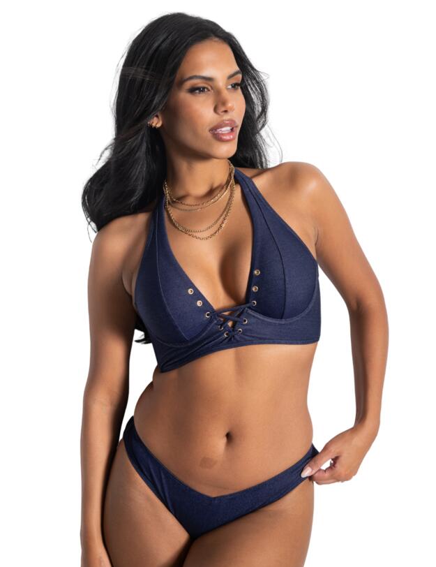 Pour Moi Adelaide Denim Underwired Lace Up Longline Bikini Top Blue 