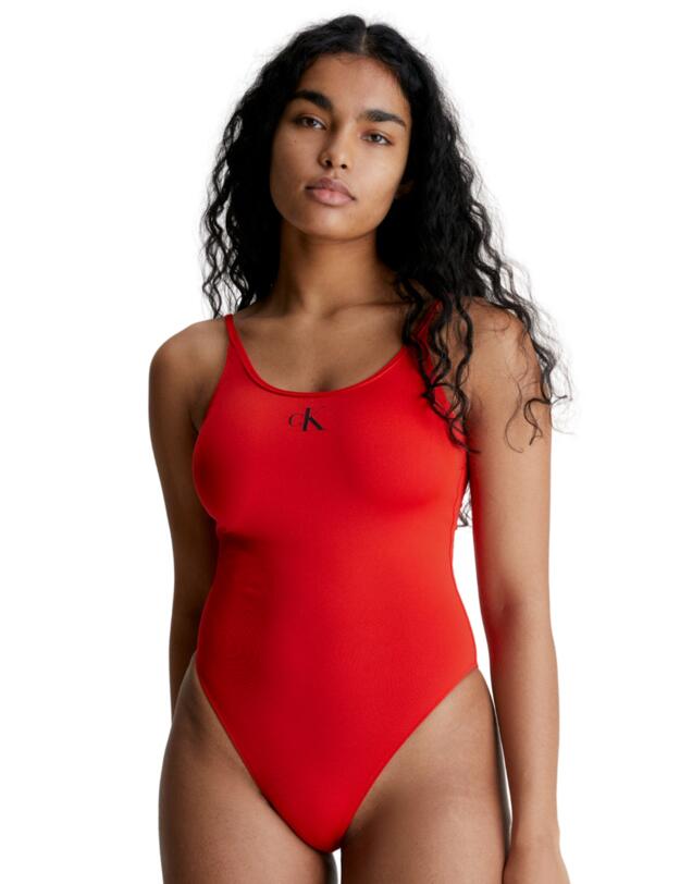 Calvin Klein CK Monogram Scoop Back One Piece Cajun Red 