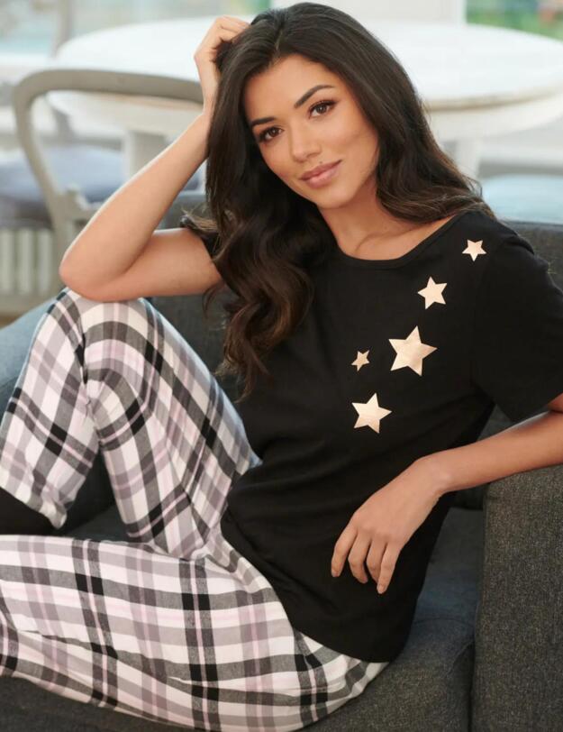 Pour Moi Cosy Check Trouser and Jersey TShirt Pyjama Set Black/Ivory