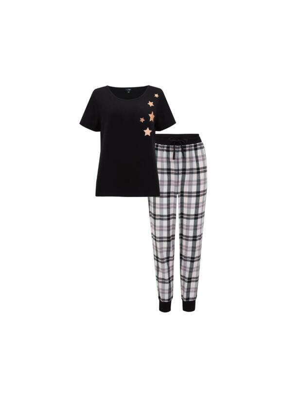 Pour Moi Cosy Check Trouser and Jersey TShirt Pyjama Set Black/Ivory