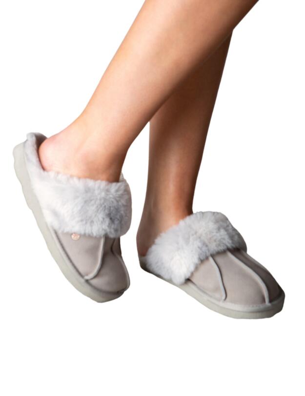 Pour Moi Faux Fur Trim Suede Mule Slipper Grey