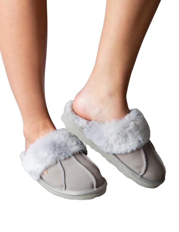 Pour Moi Faux Fur Trim Suede Mule Slipper Grey