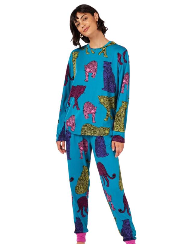 Chelsea Peers Long Pyjama Set Teal Leopard