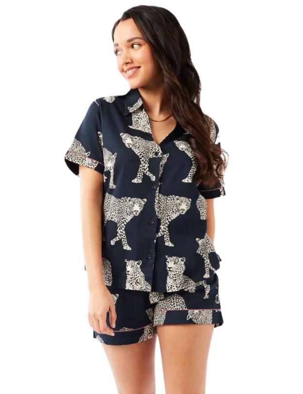 Chelsea Peers Short Pyjama Set Navy Leopard Print