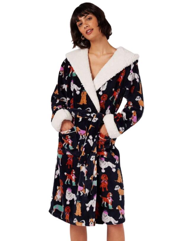 Chelsea Peers Hooded Dressing Gown Navy Posh Dog Print