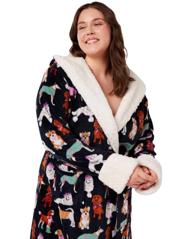 Chelsea Peers Hooded Dressing Gown Navy Posh Dog Print
