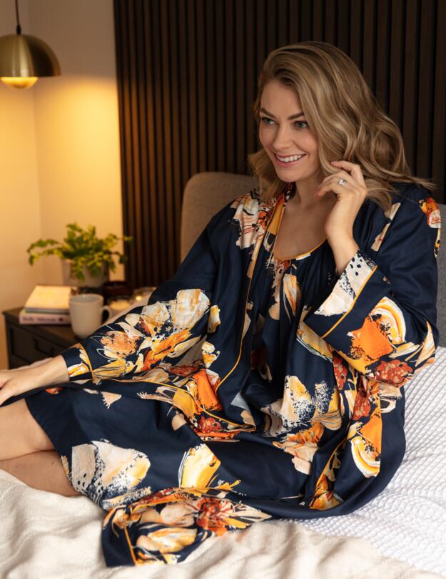 Cyberjammies Cosmo Long Dressing Gown Navy Floral Print