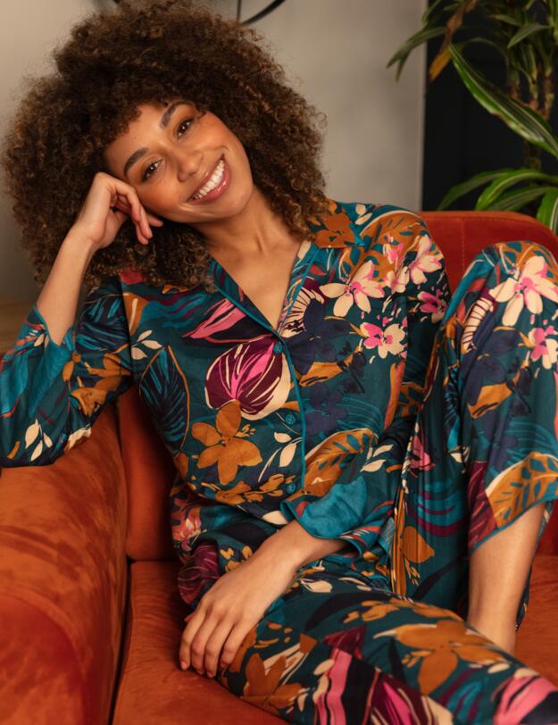 Cyberjammies Maple Pyjama Top Teal Leaf Print