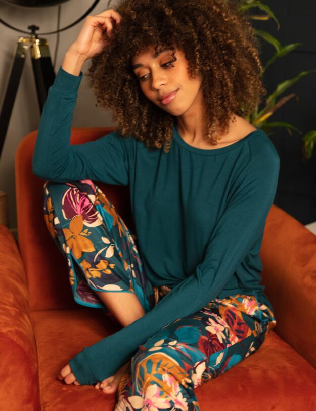 Cyberjammies Maple Pyjama Pants Teal Leaf Print 