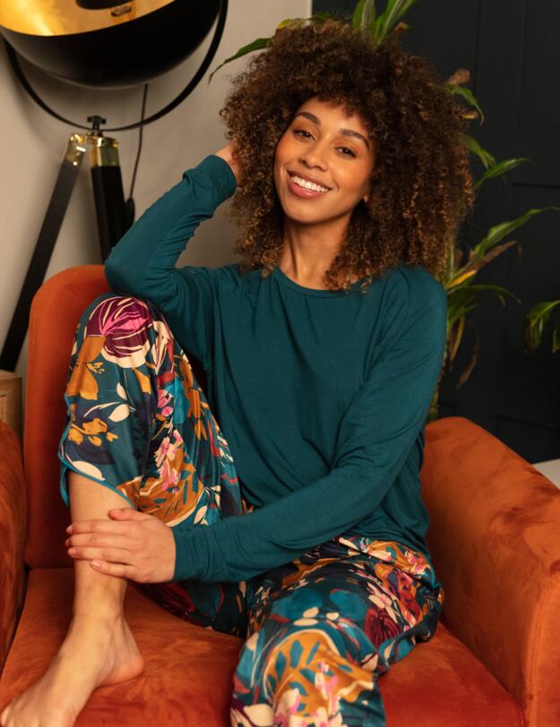 Cyberjammies Maple Pyjama Pants Teal Leaf Print 