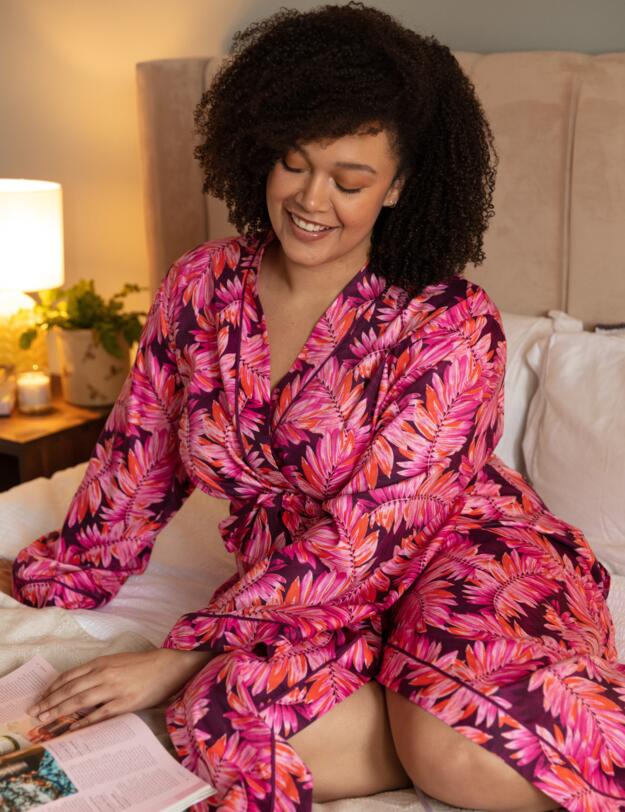 Cyberjammies Carina Long Dressing Gown Magenta Palm Leaf Print