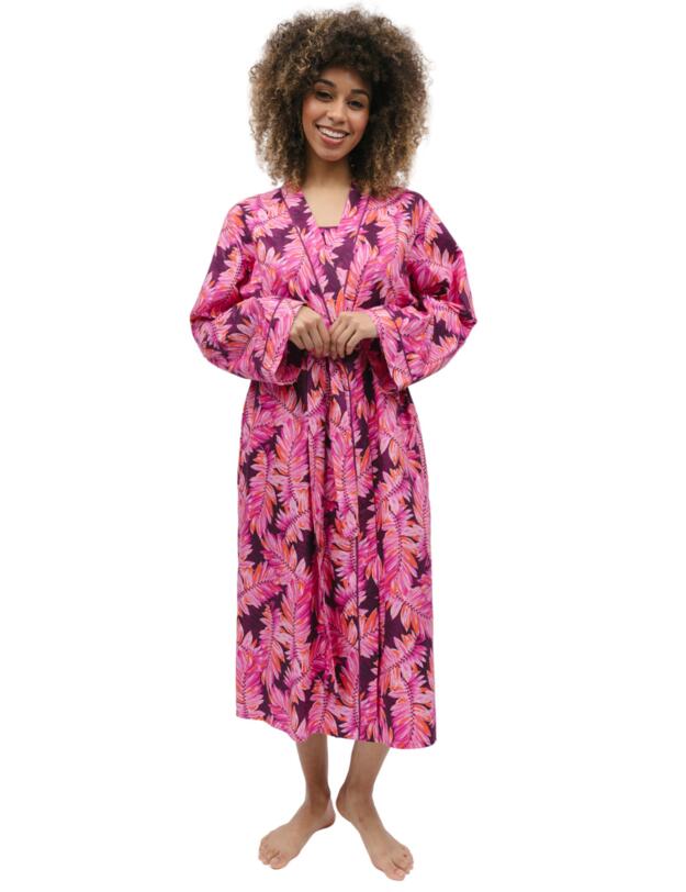 Cyberjammies Carina Long Dressing Gown Magenta Palm Leaf Print