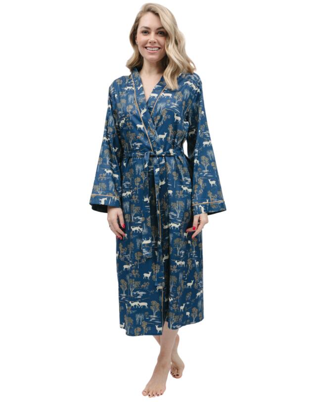 Cyberjammies Fawn Long Dressing Gown Blue Woodland Print 