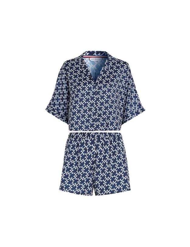 Tommy Hilfiger Short Satin Pyjama Set Monogram and Medium Navy White