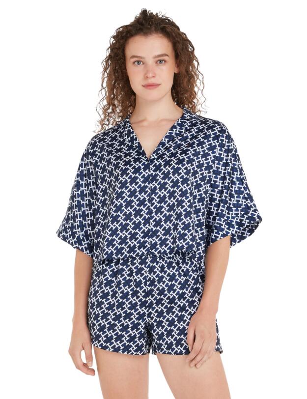 Tommy Hilfiger Short Satin Pyjama Set Monogram and Medium Navy White