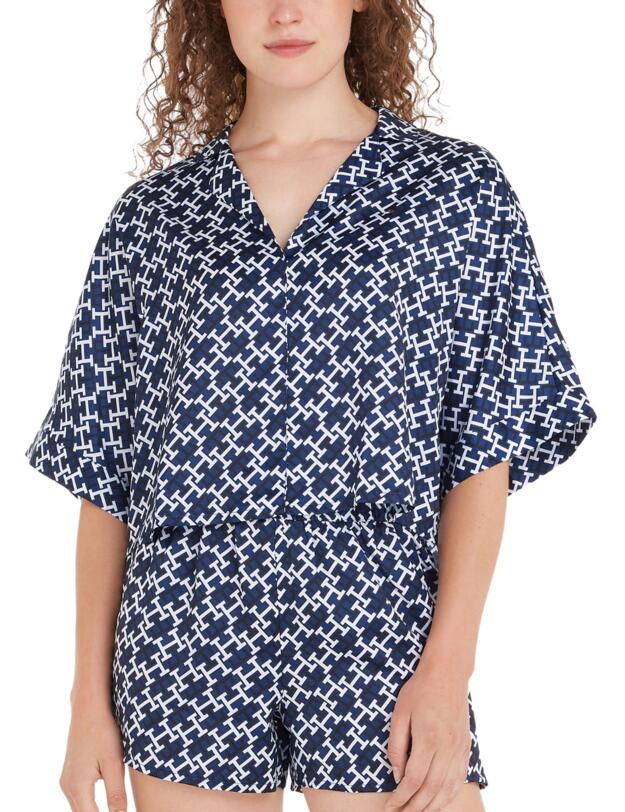 Tommy Hilfiger Short Satin Pyjama Set Monogram and Medium Navy White