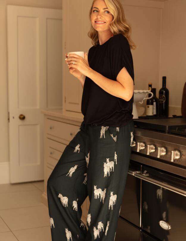 Cyberjammies Blake Wide Leg Pyjama Bottoms Dark Green Zebra Print